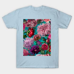 vintage flowers and leaves pattern, botanical pattern, floral illustration, blue vintage floral over a T-Shirt